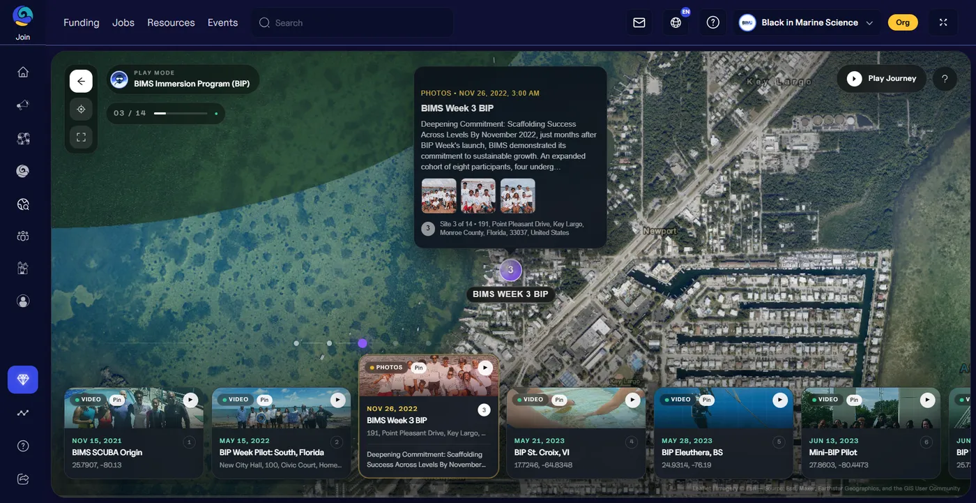 OJAI play journey: a story map of the BIMS Immersion Program over satellite imagery of Key Largo, with story cards along the bottom